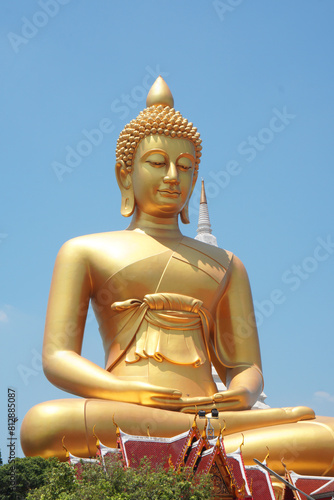 Big Golden Buddha Statue in Wat Pak Nam Phasi Charoen or Pak Nam Temple - It is famous for its large seated Buddha that is the largest in Bangkok Thailand - Travel Sculpture and Architecture Religion 