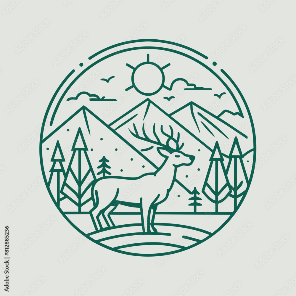 A deer standing in the middle of a dense forest surrounded by trees and foliage, Deer Hunt Wildlife Line Art Simple Logo, minimalist logo