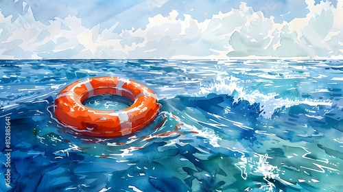 watercolor painting of a lifebuoy floating at sea