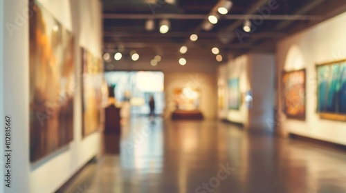 The art gallery interior showcases paintings on the walls, softly blurred, with warm lighting casting reflections on the shiny tiled floor.