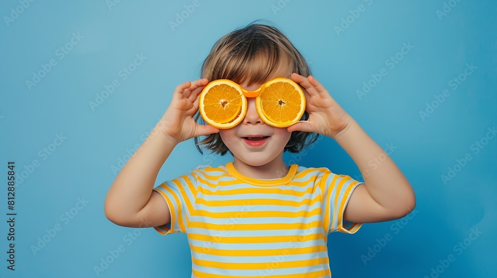 Surprized child holding slices of orange fruit like sunglasses Kid wearing striped yellow tshirt against blue paper background Healthy eating and summer vacation concept : Generative AI Surprized child holding slices of orange fruit like sunglasses Kid wearing striped yellow tshirt against blue paper background Healthy eating and summer vacation concept : Generative AI