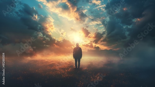 Silhouette of alone person looking at heaven. Lonely man standing in fantasy landscape with shining cloudy sky. Meditation and spiritual life hyper realistic  photo