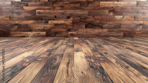 The image shows a dark wood floor with a wood plank wall in the background