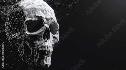 Skull with low poly wireframe on black background. Generative AI hyper realistic 
