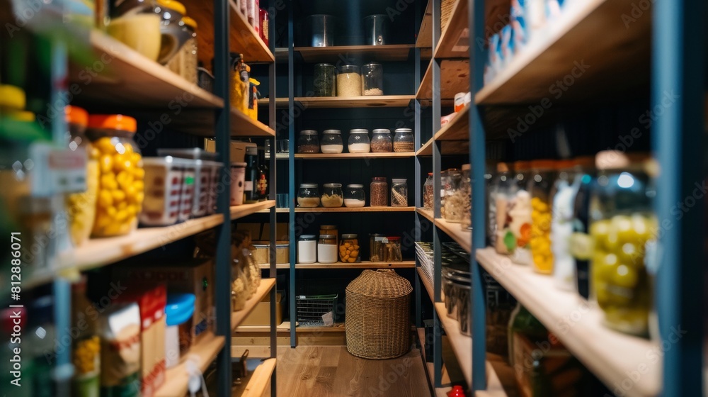 A detailed view inside a well-organized pantry with shelves stocked with a variety of food supplies, jars, and containers in a modern home.