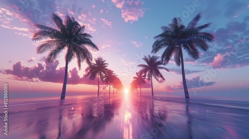 Smoothly moving infinite road with palm trees on both sides with a sunset sky in a bottom view Background. Carefree summer rest concept on vertical video hyper realistic 