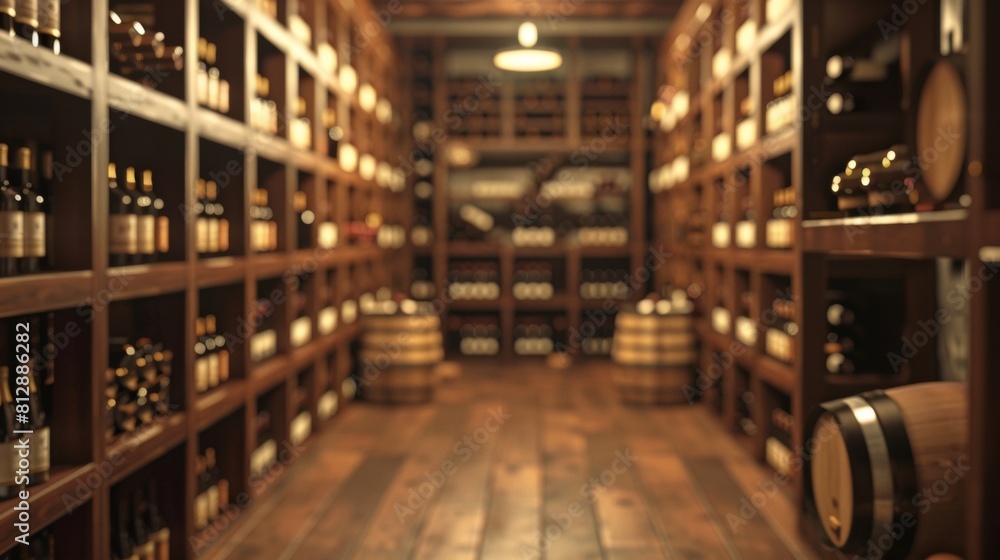 Blurred view of an elegant wine cellar, richly adorned with wooden shelves filled with an extensive collection of wine bottles, creating a sophisticated atmosphere.