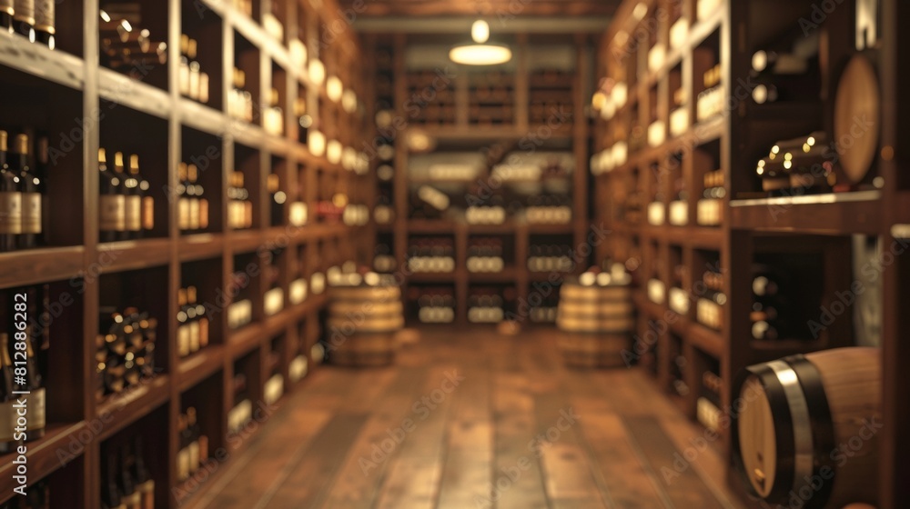 Blurred view of an elegant wine cellar, richly adorned with wooden ...