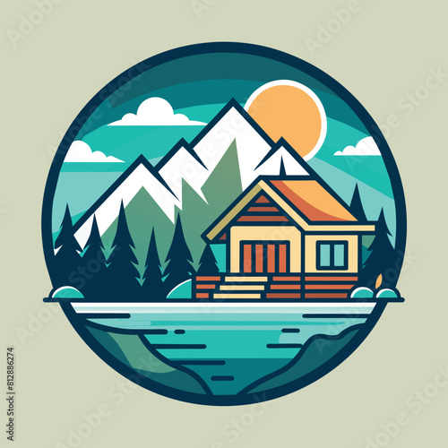 A house stands against a backdrop of mountains in the distance, Design a minimalist logo for a lakeside resort that exudes tranquility
