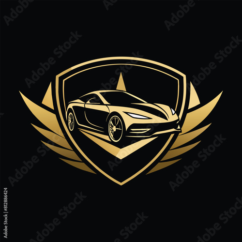 A sleek black and gold sports car with wings, showcasing a futuristic design and aerodynamic features, Design a minimalist logo for a luxury car brand that exudes sophistication