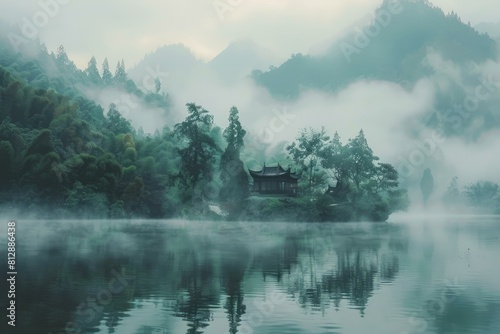 Serene scene featuring a pavilion amid misty mountains and a calm lake reflection at dawn