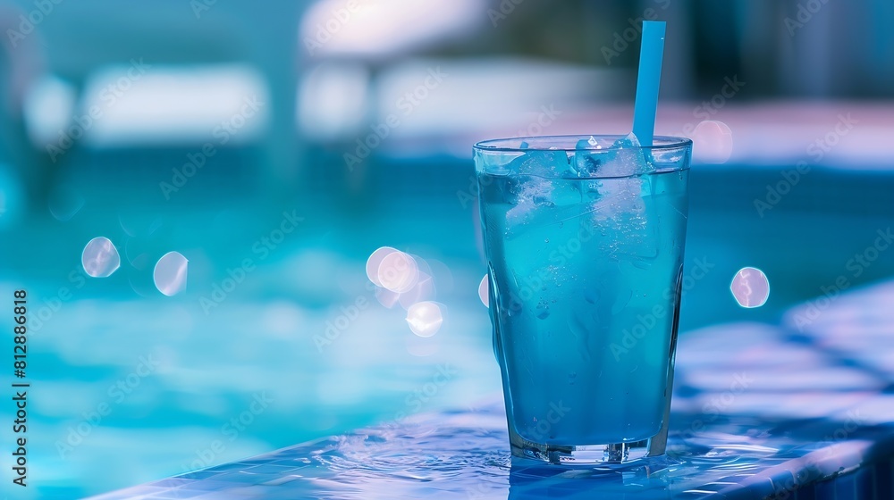 Summer soft drinks Blue lagoon cocktail with ice near swimming pool in sunny day : Generative AI Summer soft drinks Blue lagoon cocktail with ice near swimming pool in sunny day : Generative AI