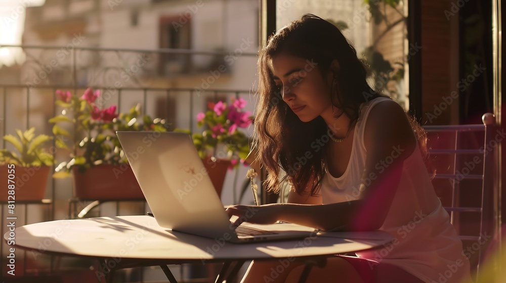 Young hispanic girl using laptop sitting on the table at terrace : Generative AI Young hispanic girl using laptop sitting on the table at terrace : Generative AI