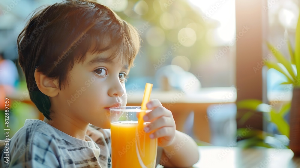Side view of thoughtful cute boy drinking mango juice from glass and looking away seriously while sitting at table in cafe during summer vacation : Generative AI Side view of thoughtful cute boy drinking mango juice from glass and looking away seriously while sitting at table in cafe during summer vacation : Generative AI