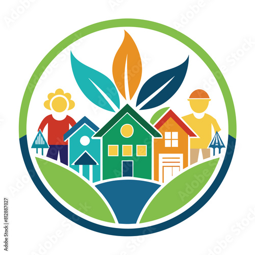 A diverse group of individuals standing together in front of a residential house, Design a simple logo for a community outreach program supporting local small businesses