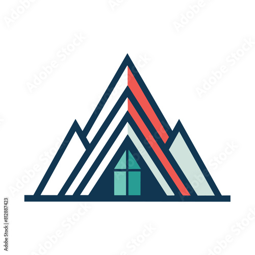 A contemporary house stands against a backdrop of towering mountains, Design a sleek, minimalist logo for a pharmaceutical brand