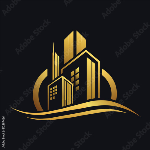 Black and gold logo design with a prominent building silhouette for a sleek and modern look, Design a sleek, minimalist logo for a pharmaceutical brand