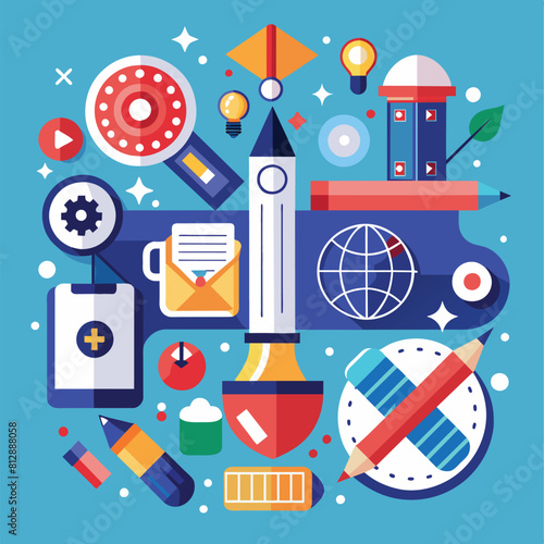 A variety of different items displayed against a blue background, Design a visual identity that balances simplicity and creativity for a graphic design studio