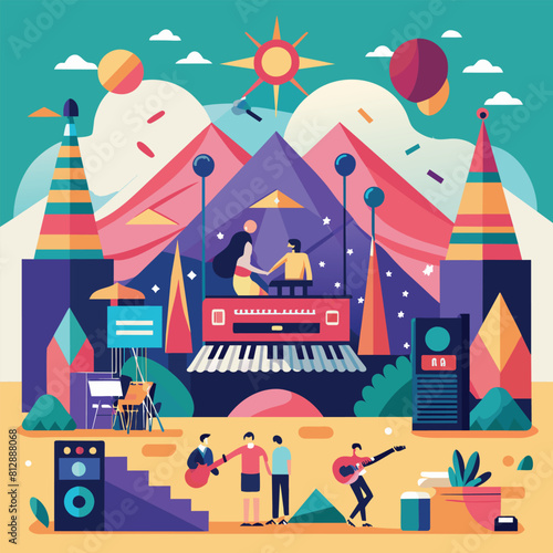 A group of musicians performing on stage, playing a variety of instruments to entertain the audience, Design a visual representation of a music festival in a minimalist style