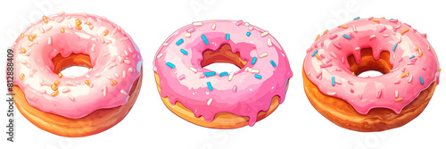 A set of pink glazed doughnuts adorned with multi-colored sprinkles. Isolated transparent PNG background. Appetizing illustration, perfect for a delicious treat or a bakery display. photo