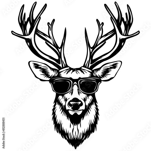 Cool Deer wearing sunglass black silhouette logo svg vector, buffalo icon illustration.	