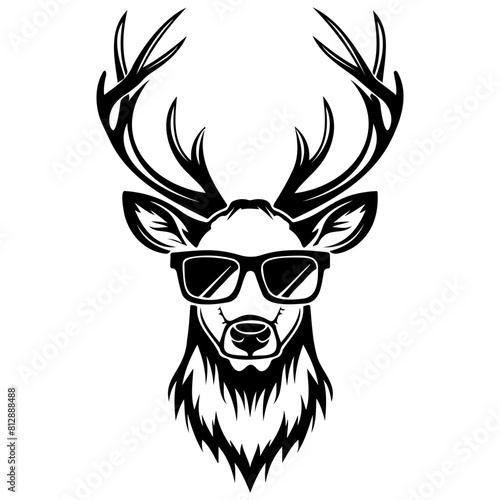 Cool Deer wearing sunglass black silhouette logo svg vector, buffalo icon illustration.	