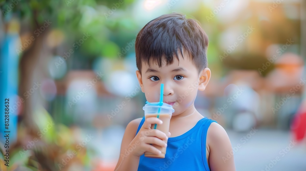 Portrait of cute adorable boy dressed in blue tank top drinking cold coffee with straw while standing on footpath during summer vacation : Generative AI Portrait of cute adorable boy dressed in blue tank top drinking cold coffee with straw while standing on footpath during summer vacation : Generative AI