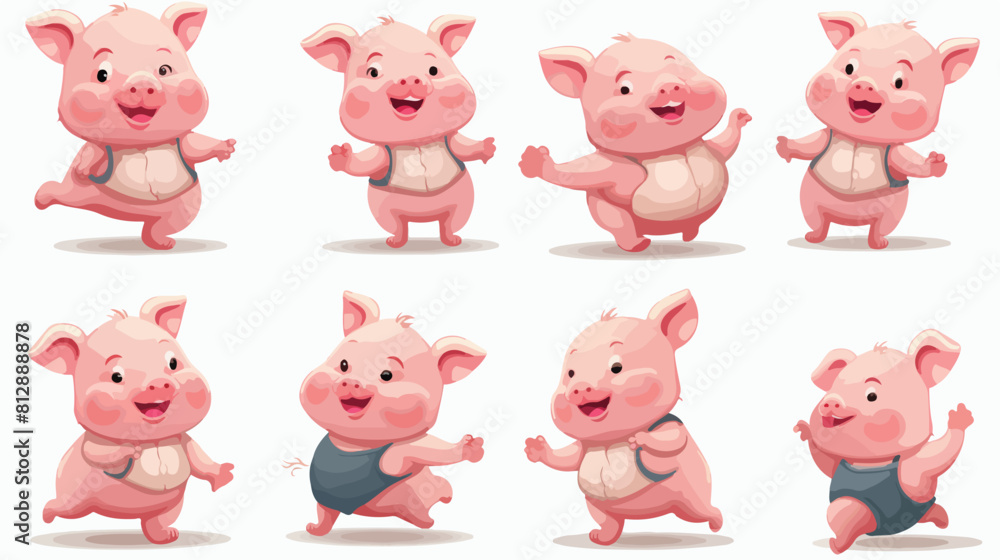 Funny little smiling pig in various poses set of ca