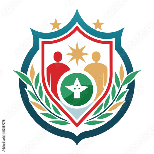 A shield adorned with stars and a larger star in the center, designed for a charity providing aid, Develop a sleek emblem for a charity providing aid to refugees and displaced populations