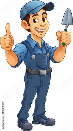 A bricklayer handyman cartoon construction mascot character man holding a trowel tool