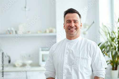 With a serene white clinic background  a commercial photo highlights a male surgeon s smile and confidence as he stands in his white uniform  representing the expertise and compass