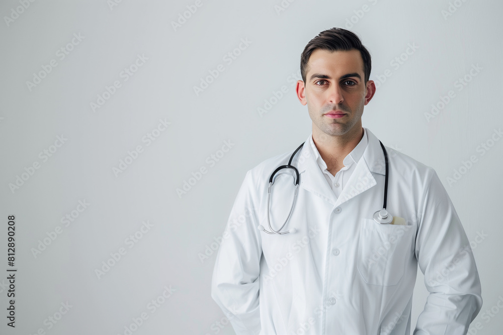 male surgeon doctor standing confidently in his white uniform against a pristine white clinic background, exuding competence and reassurance in his role as a healthcare provider. C male surgeon doctor standing confidently in his white uniform against a pristine white clinic background, exuding competence and reassurance in his role as a healthcare provider. C