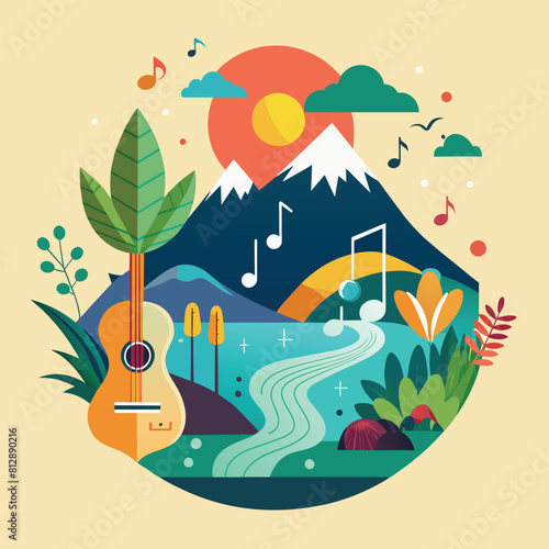 An illustration showcasing a guitar surrounded by various music notes, Explore the connection between music and nature in a minimalist composition