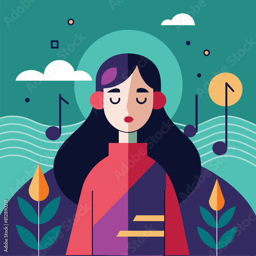 A woman with closed eyes stands in front of music notes, expressing the emotion of a melancholic melody, Express the emotion of a melancholic melody through minimalist art