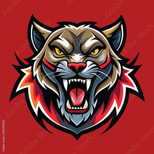 A close-up view of a ferocious tigers head against a bright red background, Ferocious Undead Feline, Zombie Cougar Mascot Logo Design