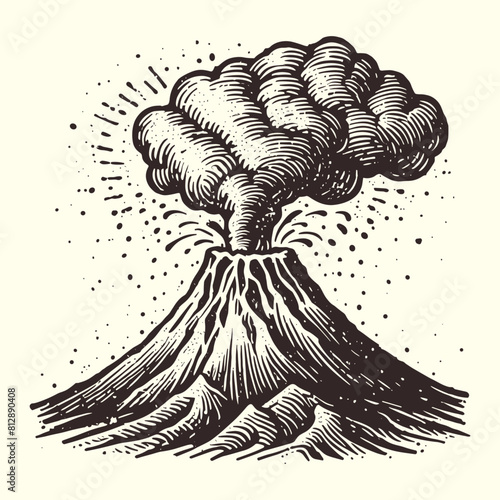 volcano eruption with smoke plume vintage illustration