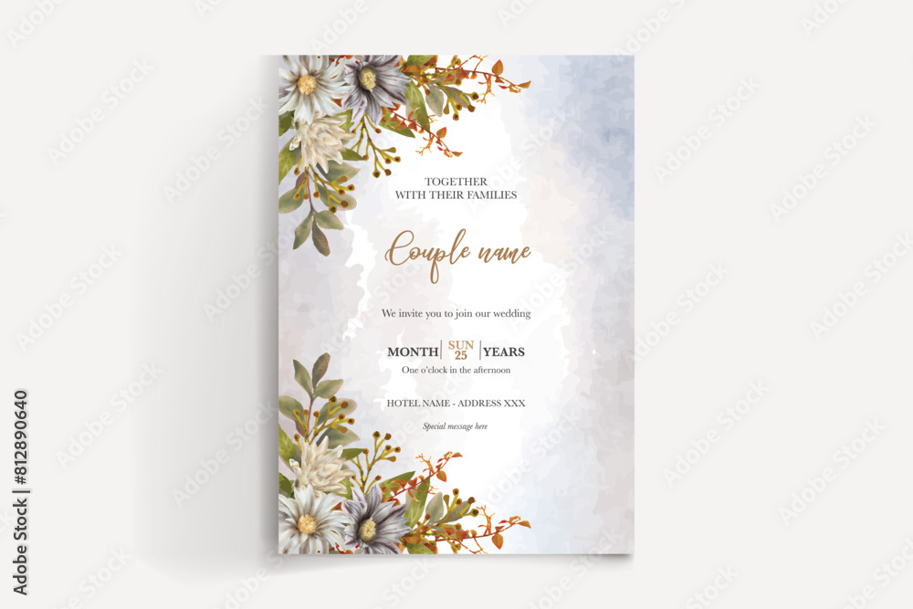 WEDDING INVITATION FRAME WITH FLOWER DECORATIONS AND FRESH LEAVES WEDDING INVITATION FRAME WITH FLOWER DECORATIONS AND FRESH LEAVES