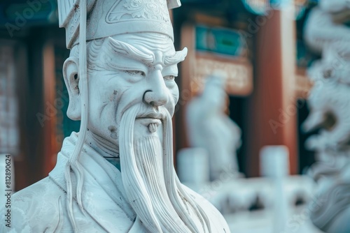Detailed closeup of a traditional chinese warrior statue with a serene background