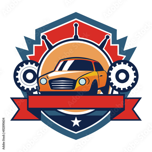 A yellow car adorned with a bright red ribbon wrapped around it, Generate a clean and modern logo for an auto repair garage