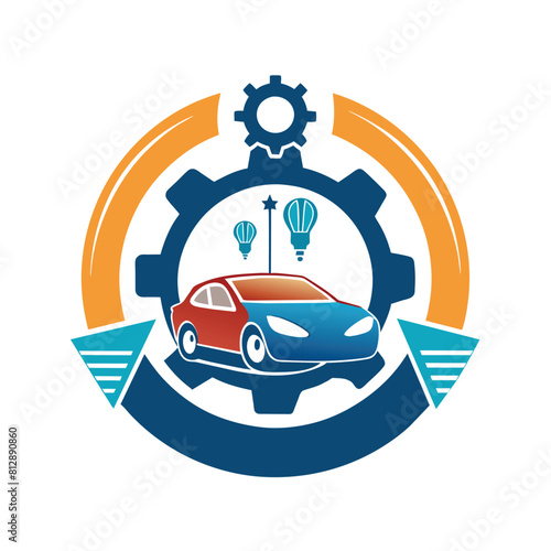 A red car is positioned inside a large gear wheel, with a light bulb placed on top of it, Generate a minimalist logo that exudes luxury and refinement