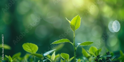 Close-up of verdant landscape with small plant sprouting in field. Natural abundance concept