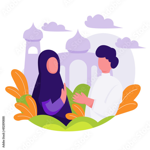 couple greeting of eid al adha concept with flat illustrations