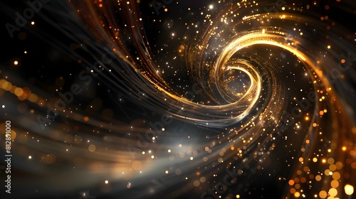 Swirling light and cosmic energy in a golden,black empty background