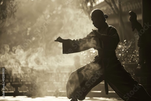 Martial artist's silhouette in traditional attire, performing a stance outdoors with mystical smoke around photo
