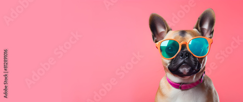 cute dong wearing sunglass on pastel color background