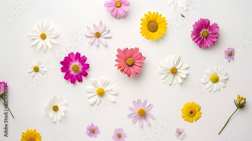 Summer flower creative layout Daisy cosmos blanket aster zinnia tickseed sunflower and doronicum flowers isolated on white background Floral frame border Design element Top view flat l : Generative AI