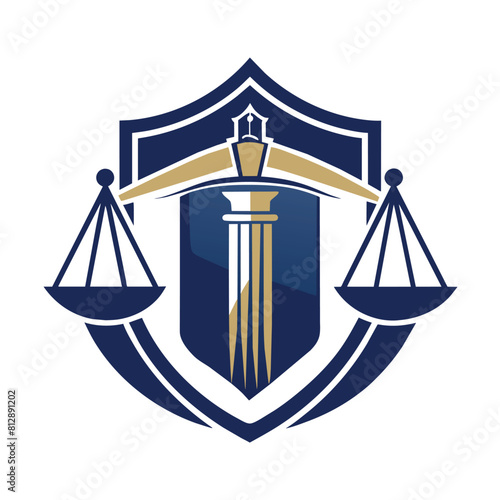 A shield featuring blue and gold colors with a prominent scale of justice symbol, Generate a simple yet powerful logo for a legal advisory service
