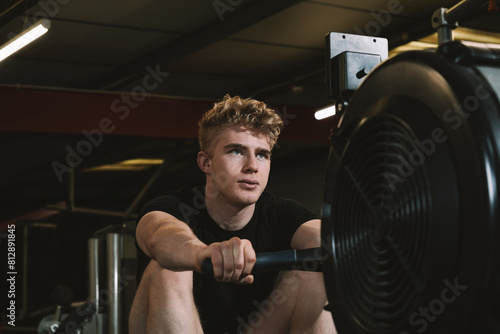 Low angle shot of a handsome male athlete looking focused, exercising on a row gym machine