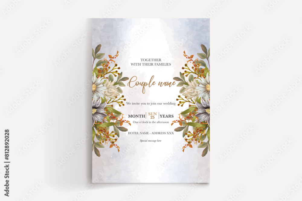 WEDDING INVITATION FRAME WITH FLOWER DECORATIONS AND FRESH LEAVES WEDDING INVITATION FRAME WITH FLOWER DECORATIONS AND FRESH LEAVES