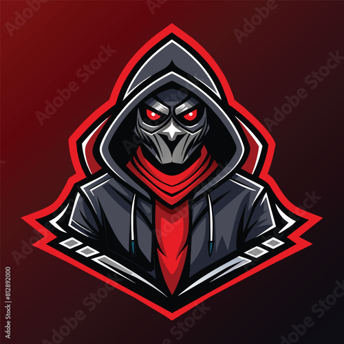A figure in a black hood with glowing red eyes, wearing a hoodie, hacker mascot for sports and esports logo